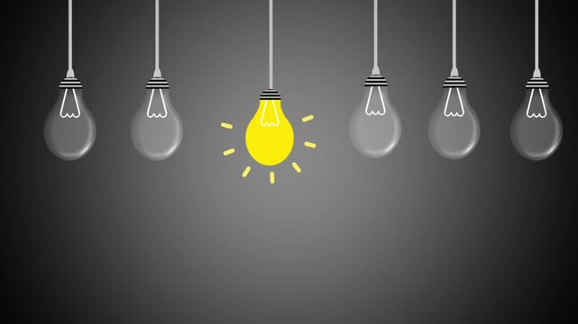 A single yellow light bulb glows brightly among a row of unlit grey bulbs against a dark gradient background, idea concept animation.
