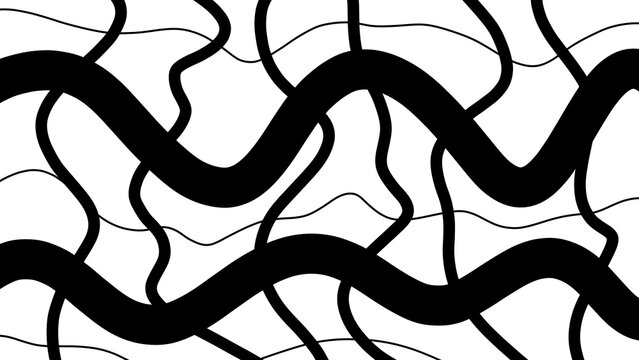 Abstract black and white pattern featuring bold wavy lines and thin tangled strokes. Minimalist monochrome background with creative hand drawn curves for modern graphic design.