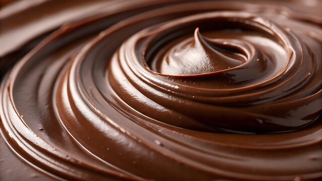 Close up macro texture of smooth dark chocolate mousse or melted cocoa cream with elegant swirl patterns