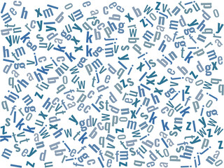 Obraz premium Abstract background with scattered blue alphabet letters on white. Modern typographic pattern with random characters for education, language, and communication concepts.