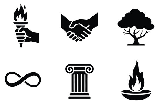 Legacy and leadership icon set featuring torch, handshake, tree, infinity, column, and eternal flame solid