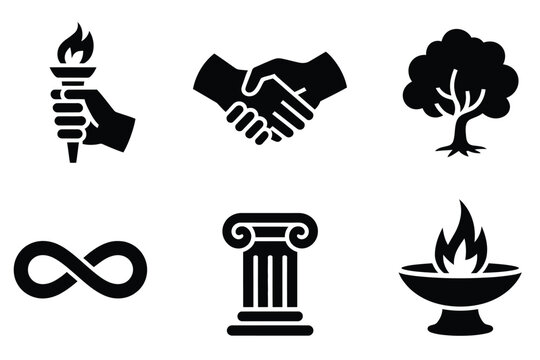 Legacy and leadership icon set featuring torch, handshake, tree, infinity, column, and eternal flame solid symbols, clean vector illustration for heritage, leadership values