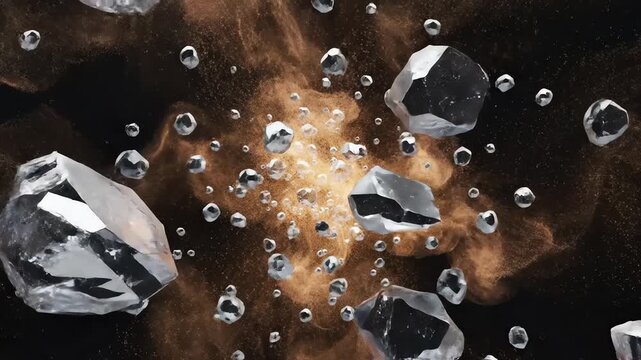 Abstract visualization of metallic particles and crystalline structures floating in a nebula-like gaseous cloud.