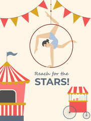 Naklejka premium Retro style circus advertisement featuring a graceful female acrobat performing in an aerial ring. The illustration includes a big top tent entrance a red popcorn wagon and decorative bunting flags wi