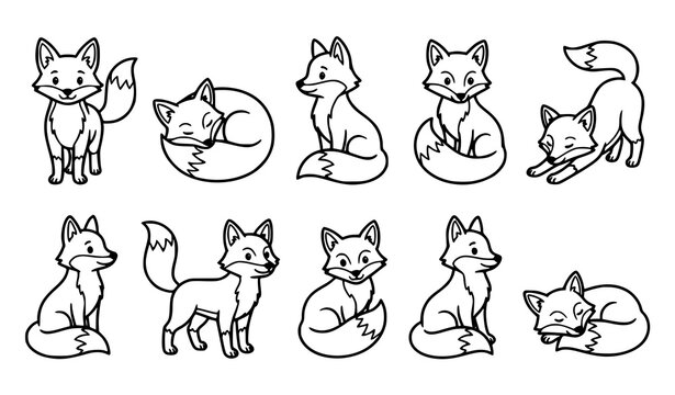 Minimal geometric fox vector set with ten black and white animal poses isolated on white background