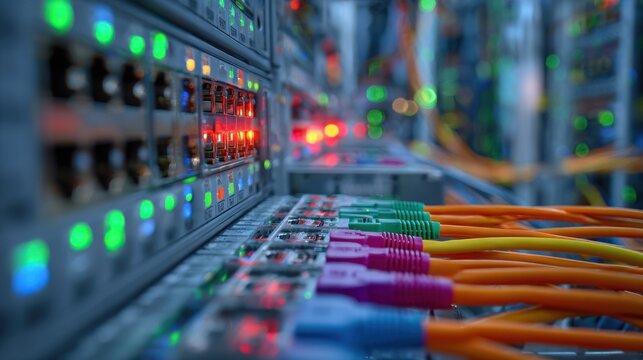 Data center network hardware with servers and fiber optic cables