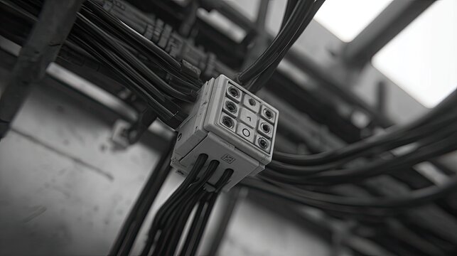 Industrial junction box distributing multiple electrical cables and wires, highlighting the intricate connections vital for power and data transmission in a technological infrastructure