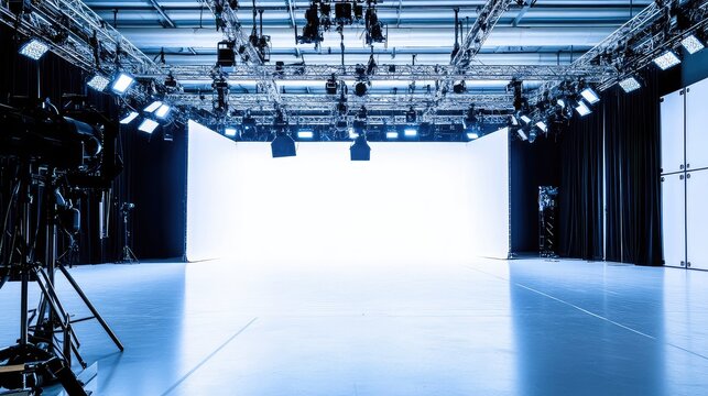 Professional television studio interior showcasing a cyclorama, sophisticated lighting system, and a broadcast camera, ready for media production, filming, and content creation