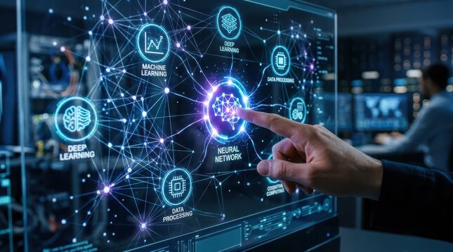 Artificial intelligence interface a hand interacts with a glowing digital display showcasing neural networks and machine learning concepts