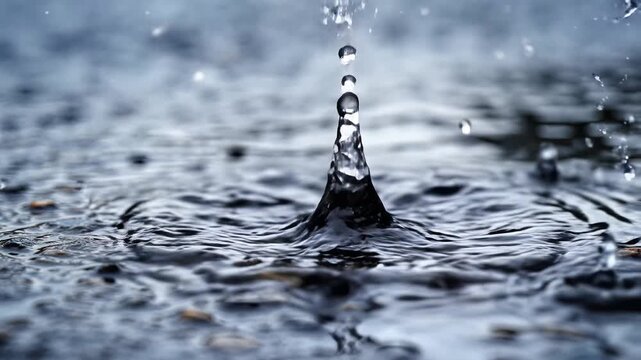 Closeup of Raindrops Falling and Creating Ripples on Water Surface.