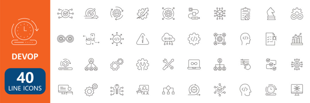 DevOps technology line icons set cloud computing automation workflow and software development outline collection