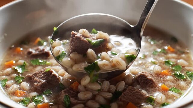 Hearty Beef and Barley Soup Being Served with a Ladle.