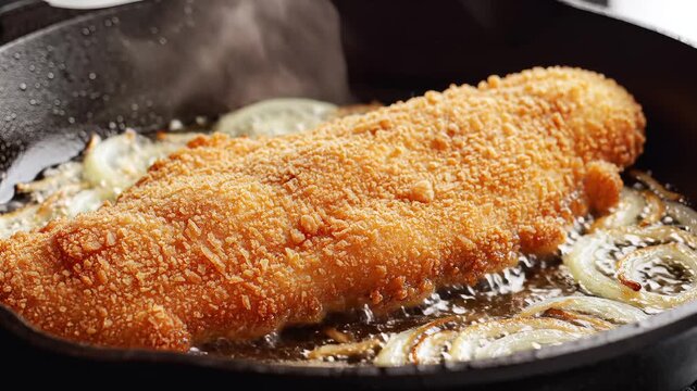 Crispy Breaded Fish Fillet Sizzling in a Hot Skillet with Onions.