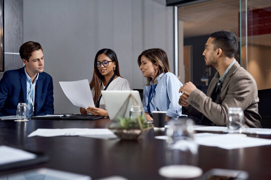 Business, team or meeting discussion with document for merger plan, integration review or valuation. Stakeholders, people and feedback in boardroom for market expansion, fairness opinion and report