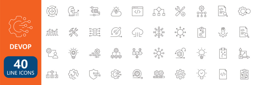 DevOps technology line icons set cloud computing automation workflow and software development outline collection