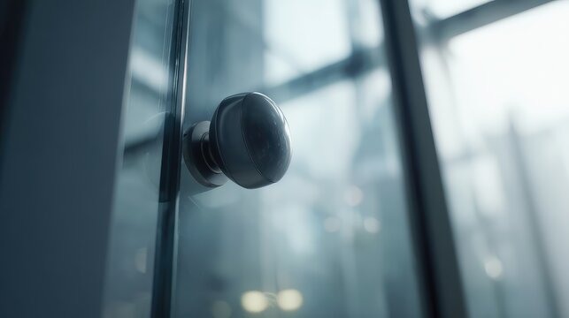 Modern minimalist office interior featuring a sleek glass door with a polished doorknob, reflecting a bright, blurred background suggesting depth and a professional environment