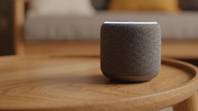 Smart speaker voice assistant device featuring modern wireless technology with fabric texture, ambient lighting on wooden table in cozy home living room, innovative gadget for smart home automation