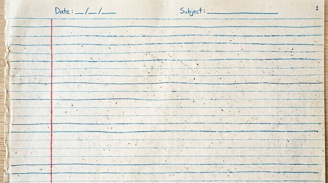 Vintage Blank Lined Notebook Page with Date and Subject Fields on White Background