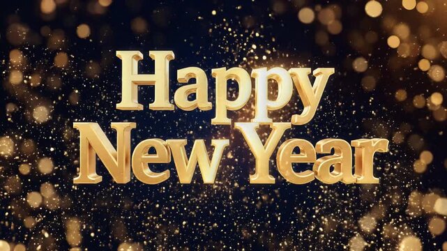 Happy New Year Golden Text with Sparkling Fireworks and Bokeh Lights.