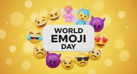 Fototapeta premium World emoji day 3d render with floating emoticons and yellow bokeh background