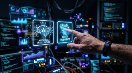 Fototapeta premium Human interaction with artificial intelligence and robotics interfaces in a high tech control room setting future technology concept