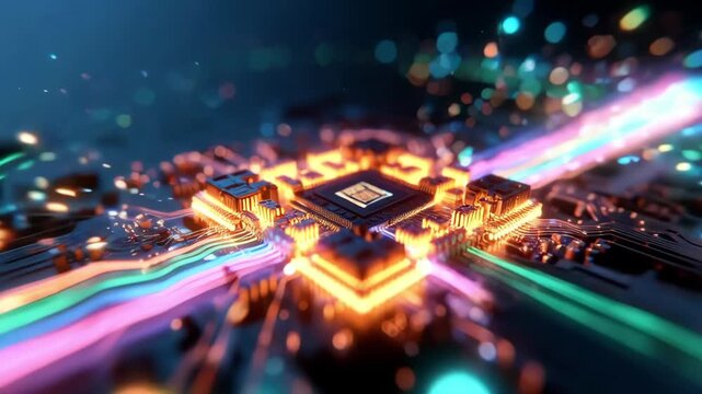 Tracking shot of microchip with glowing data streams flowing across circuit board on desktop in futuristic lab environment