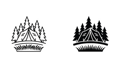 Camping tent in forest scenery icon in outline and solid black style for outdoor adventure and travel themes isolated on white background © Meghna