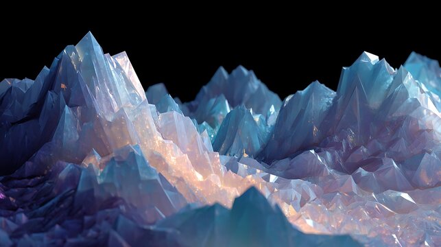 Low-poly abstract mountain range with crystal-like formations and glowing facets