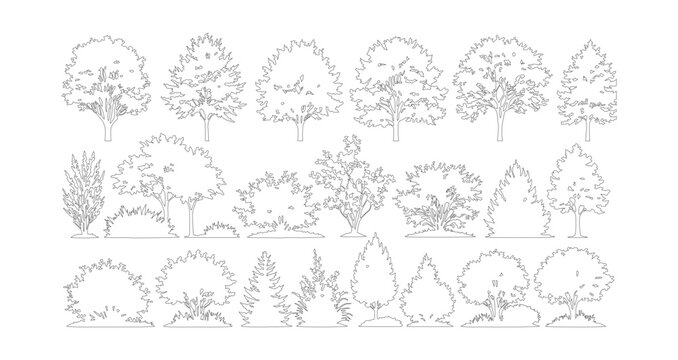 Minimalist tree line art collection, 21 architectural plant symbols for landscape design, black and white outline vector set of garden shrubs and trees