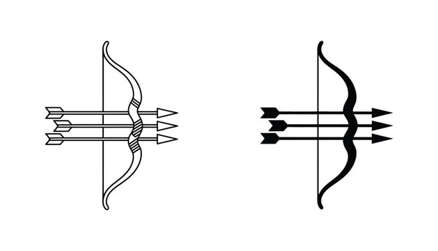 Set of archery bow and arrows icons featuring minimalist linear and solid black glyph designs for sports branding or target practice illustration