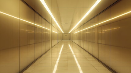 Fototapeta premium Empty futuristic corridor illuminated by bright yellow light lines, creating an abstract tunnel effect with reflective surfaces, representing concepts of progress and technology