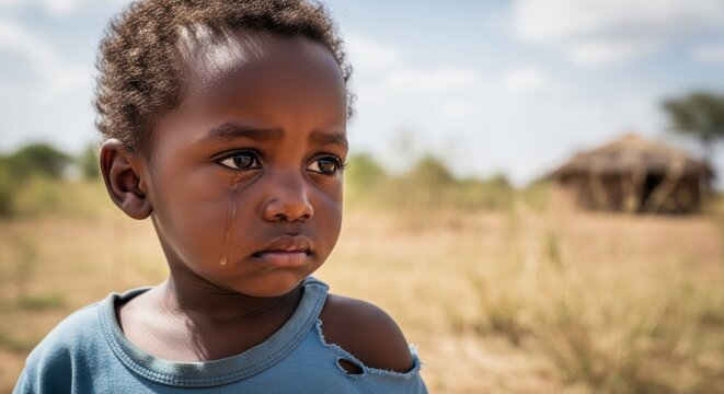 Sad African child crying with tear on face standing in rural dry landscape. Poverty and humanitarian crisis concept. Young boy in poverty living in hardship and poor condition.