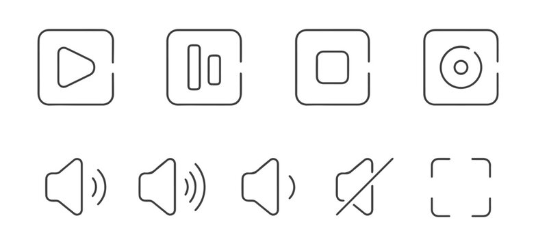 Modern minimalist media player interface icons featuring playback and volume controls suitable for various web applications and mobile apps
