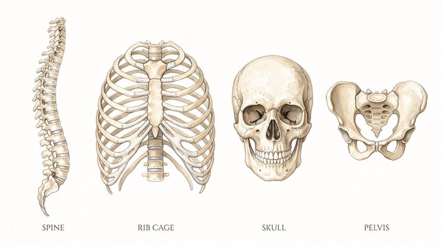 Detailed Human Skeleton Bones Arranged on White Anatomy Chart