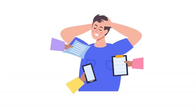 Stressed man overwhelmed by multiple tasks and responsibilities, experiencing pressure in dynamic motion footage.