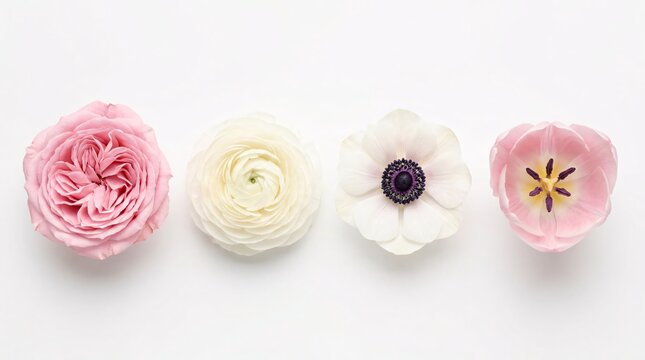 Delicate Pink and White Spring Flowers Arranged in Row on White Background