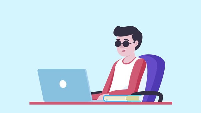 Cartoon man wearing sunglasses using laptop computer at desk while sitting on office chair with book.