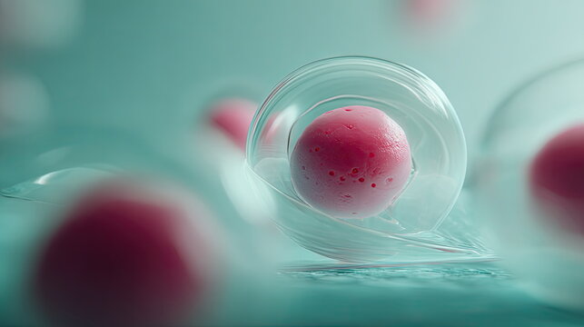 Microscopic cell nucleus with surrounding membrane structure, creating an abstract biological science concept of growth, research, and medical innovation