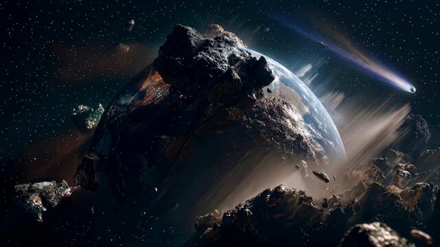 Dramatic asteroid field surrounds Earth with a comet streaking by. A dramatic scene unfolds as a dense asteroid field orbits Earth, with a bright comet visible in the distance