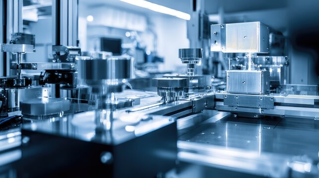 Industrial automation equipment and high tech manufacturing machines are precisely processing components inside a factory, representing innovation and precision in modern production processes