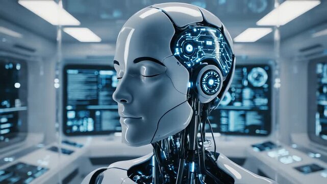 Close-up profile of a futuristic humanoid robot with exposed internal circuitry and glowing blue lights, set against a backdrop of advanced technology screens.