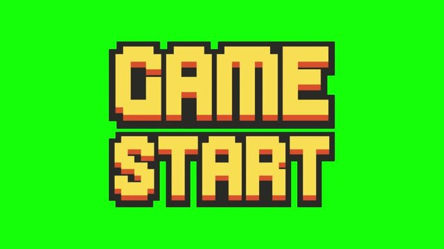Pixel art game start button with heart icon on green screen background.