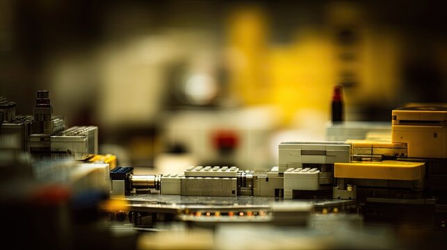 Constructing a miniature industrial landscape from small plastic building bricks, representing complex systems and modern manufacturing processes with blurred background elements