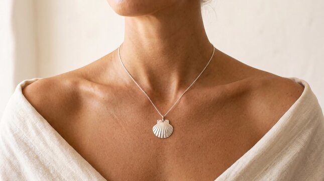 Elegant Shell Pendant Necklace Resting on Woman Neckline in Soft Natural Light