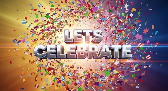 Lets Celebrate text with exploding confetti and light effects