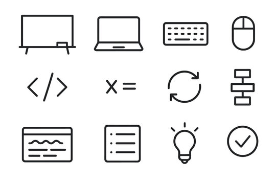 Introductory Programming Icons. Introductory programming lesson. Line outline icon set of introductory