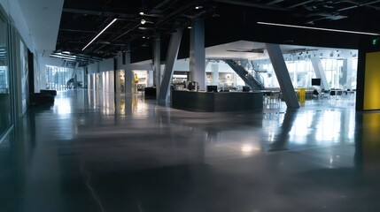 Naklejka premium Spacious corporate environment with sleek, modern architecture, featuring a polished concrete floor reflecting light, open plan areas, and a minimalist design ideal for business and office concepts