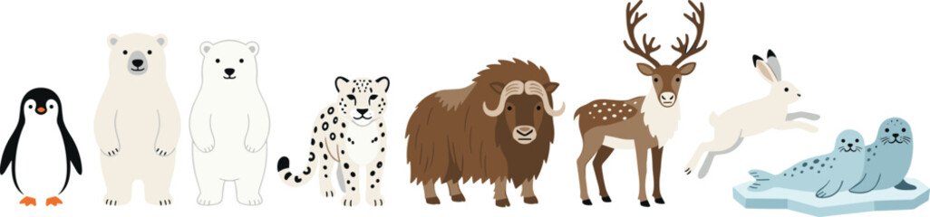 Arctic and Antarctic Wildlife Animal Collection Featuring Polar Bear, Penguin, Reindeer, Snow Leopard, and Seal for Winter Educational Projects, Nature Graphics, and Children’s Cold Climate Illustrati © Ismail