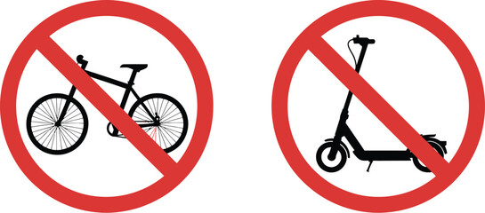 No bicycle, and no electric scooter prohibition signs, flat vector illustration representing restricted vehicles area safety regulation and traffic control warning symbols. © Kha