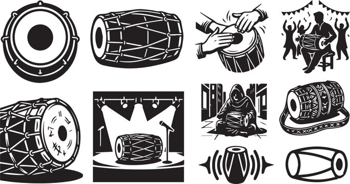 Dhol drummer party vector &ndash; Pakistani dhol player silhouette, traditional drum music at wedding baraat and festival celebration, South Asian cultural illustration